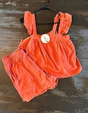 Anabess women’s Orange 2pc Cotton Shorts Set Smocked Sleeveless Top small